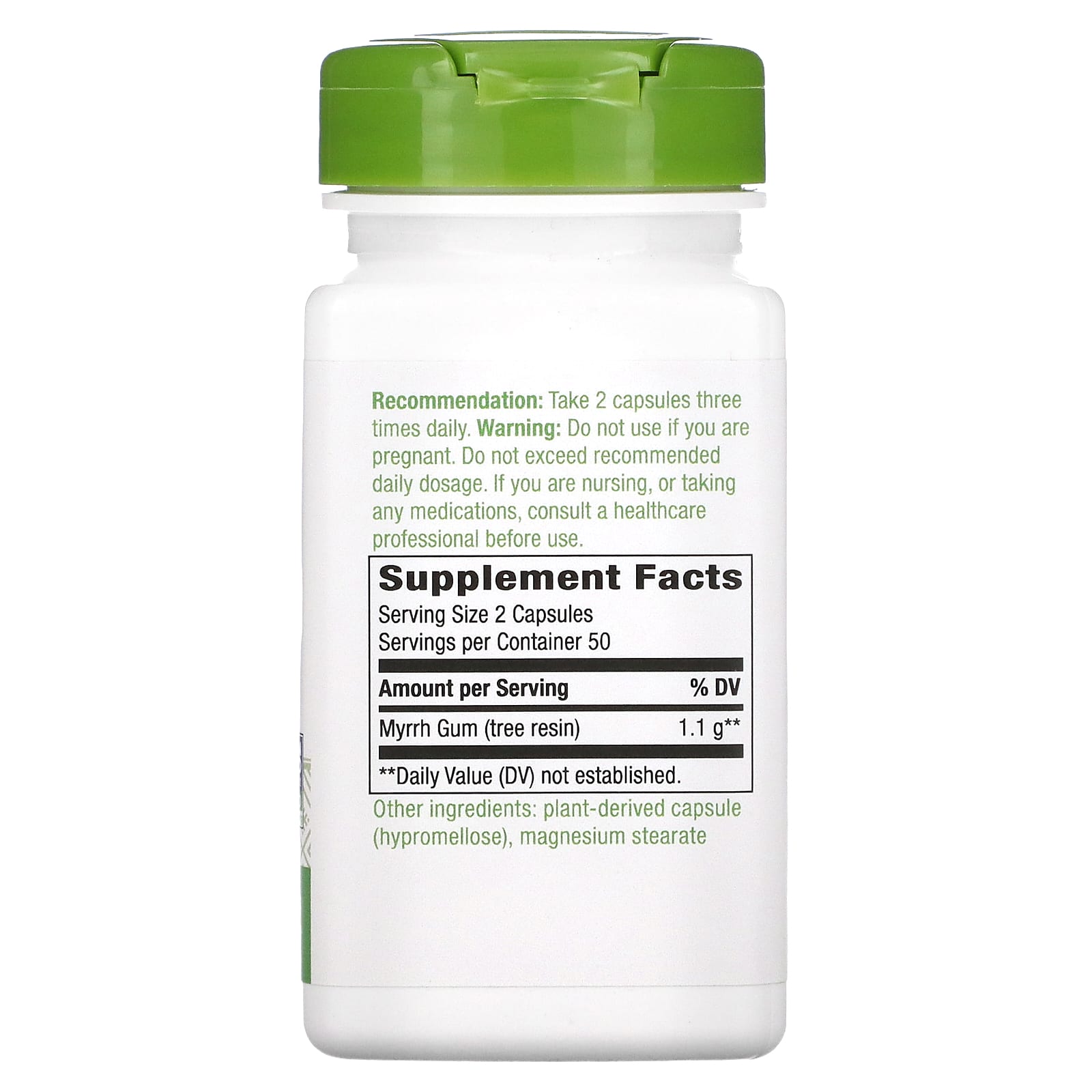 Supplement bottle with green cap and white label on a white background