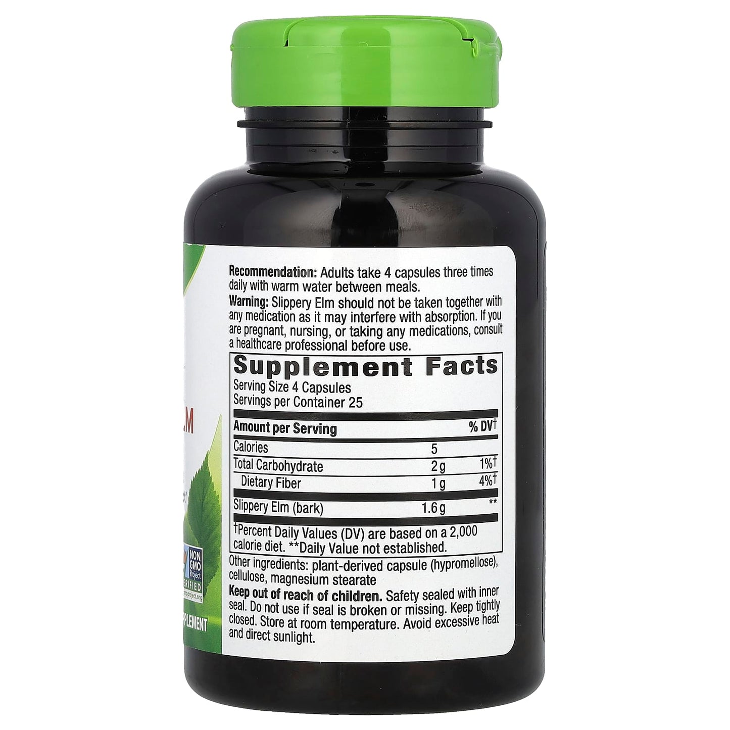 Supplement bottle with green cap and label on a white background