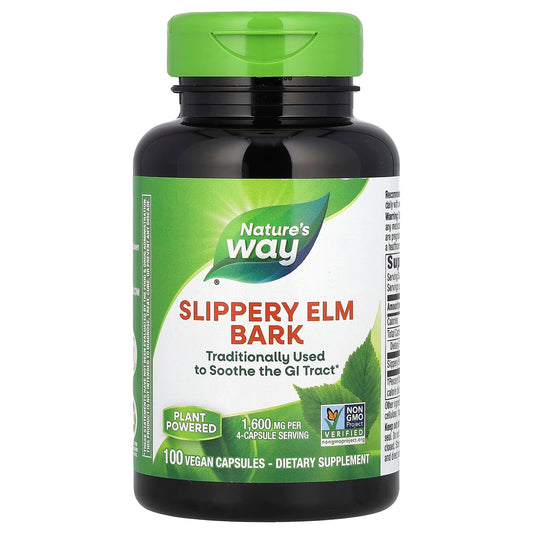 Nature's Way Slippery Elm Bark supplement bottle on a white background