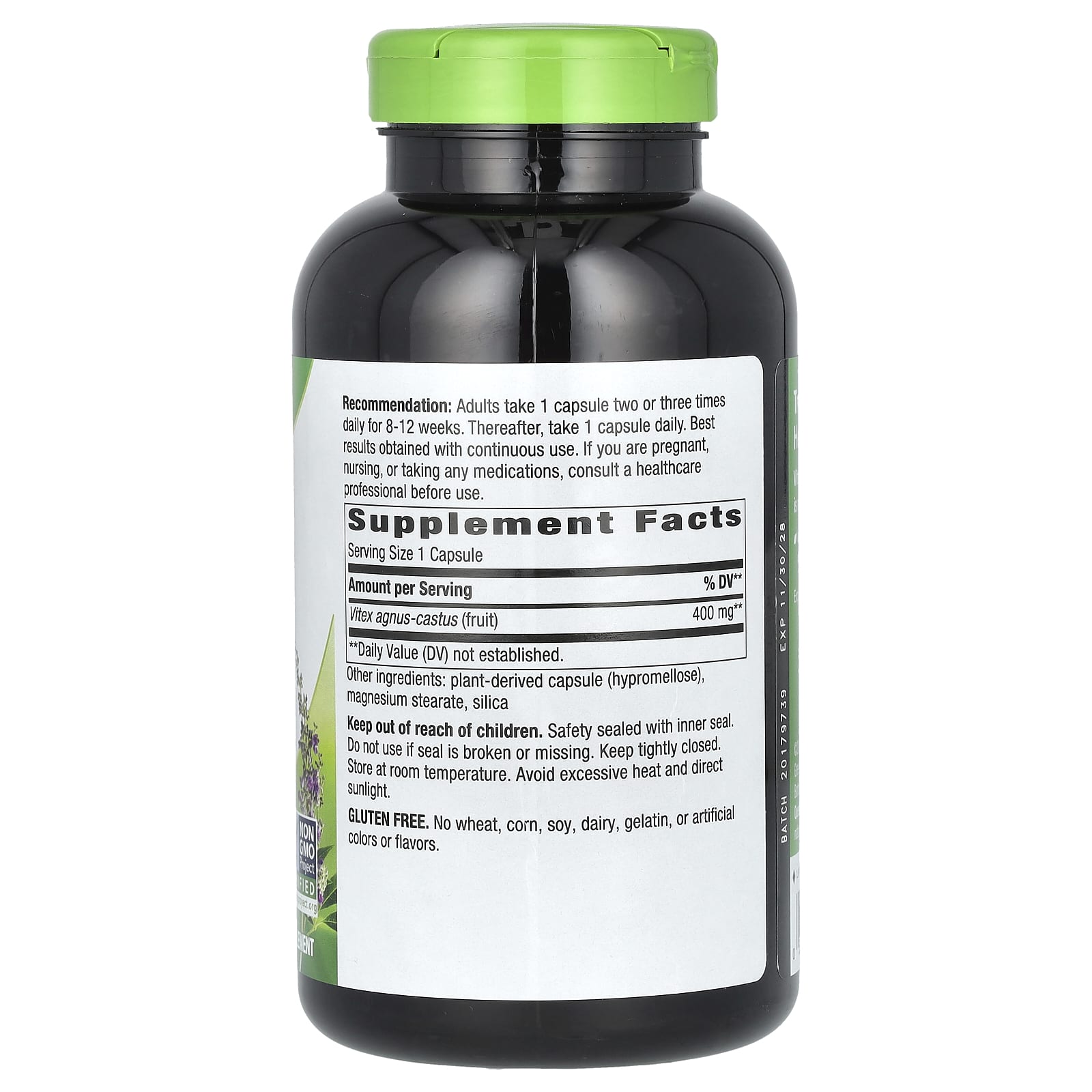 Supplement bottle with green cap and label on a white background