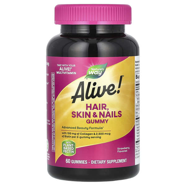 Nature's Way Alive! Hair, Skin & Nails gummy supplement bottle on a white background