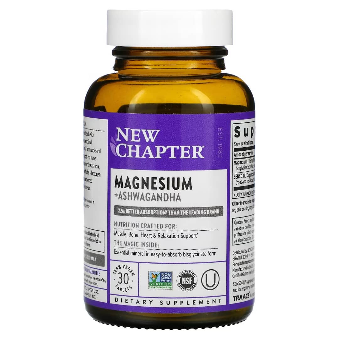 Supplement bottle labeled 'New Chapter Magnesium + Ashwagandha' on a white background