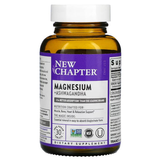 Supplement bottle labeled 'New Chapter Magnesium + Ashwagandha' on a white background