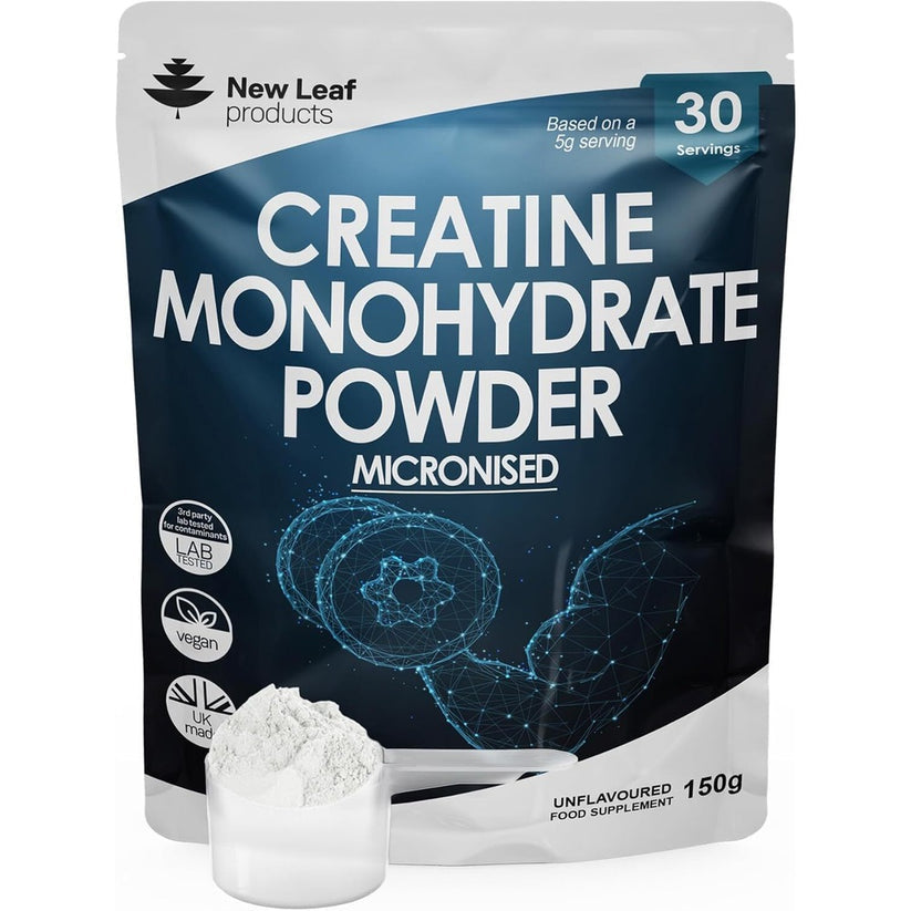 Package of New Leaf products Creatine Monohydrate Powder with a scoop of powder in front.