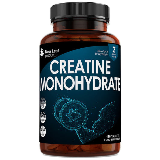 Bottle of New Leaf Creatine Monohydrate supplement on a white background