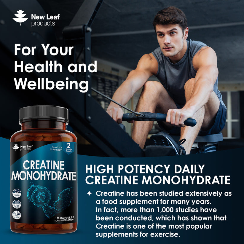 Man using a rowing machine with New Leaf Products creatine monohydrate supplement bottle and promotional text.