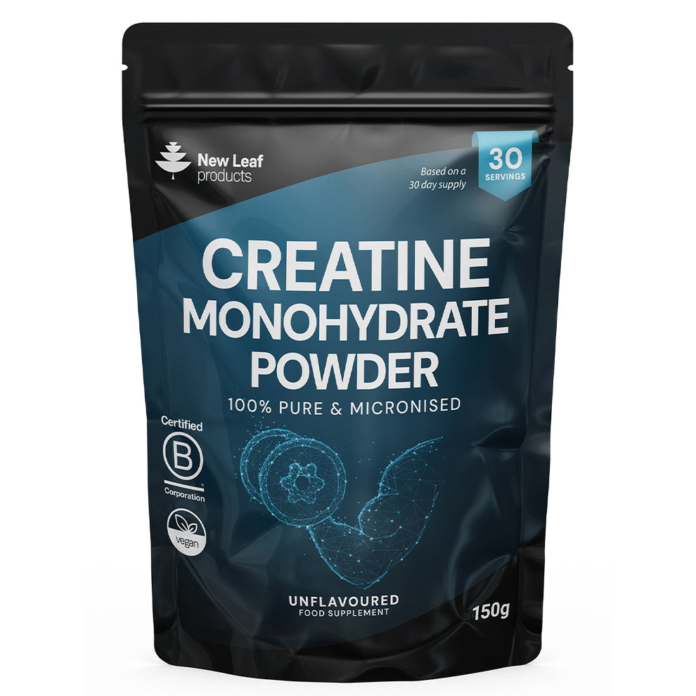 Package of New Leaf Creatine Monohydrate Powder on a white background