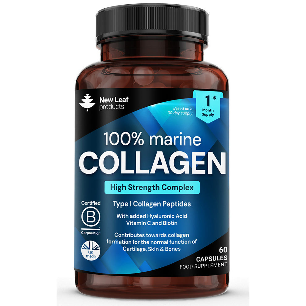 Bottle of New Leaf products 100% marine collagen supplement on a white background