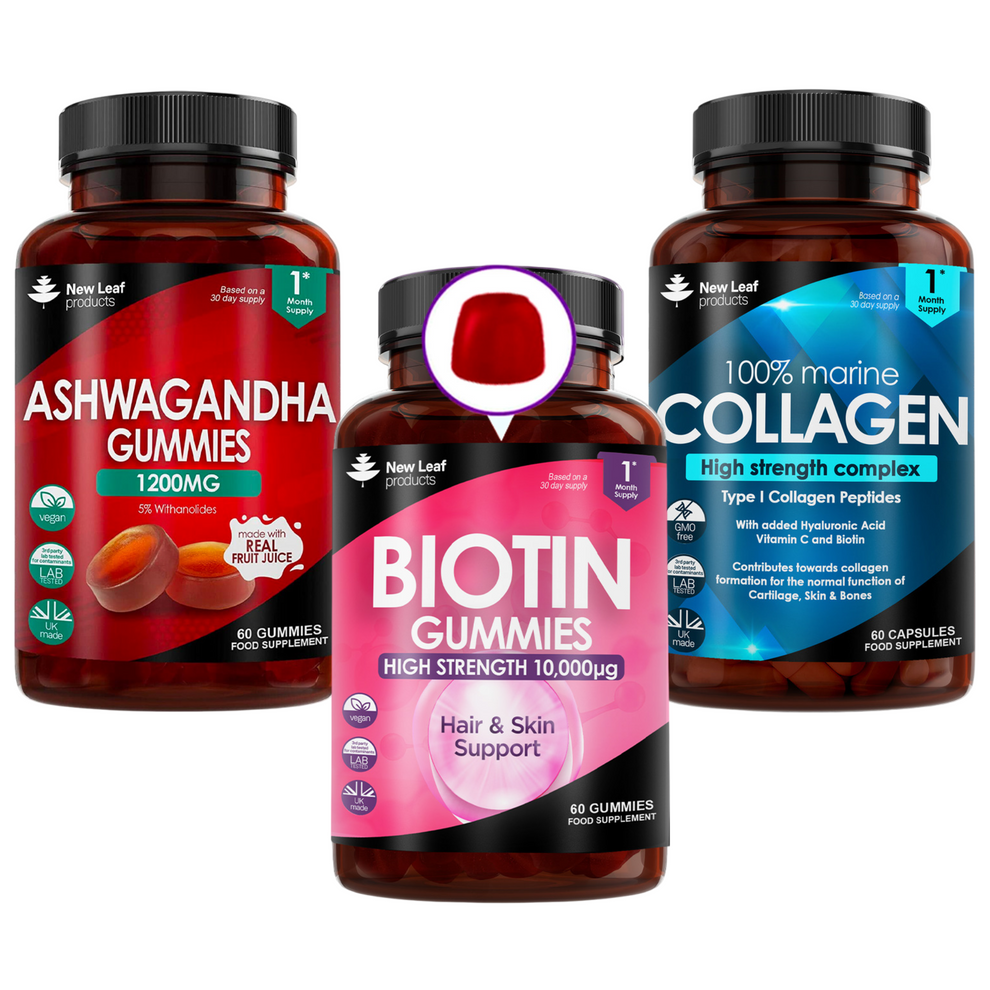 Three supplement bottles labeled 'Ashwagandha Gummies', 'Biotin Gummies', and 'Collagen' on a white background.