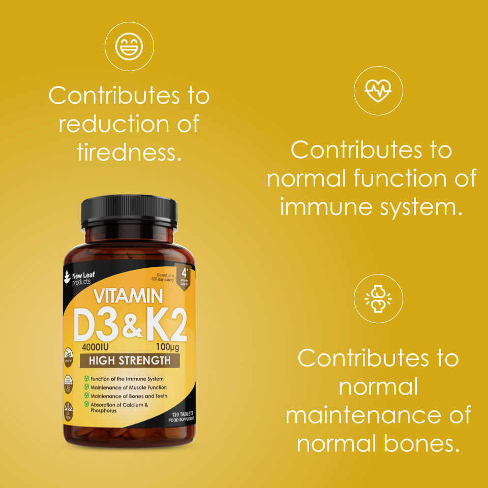 Bottle of Vitamin D3 & K2 with text on a yellow background