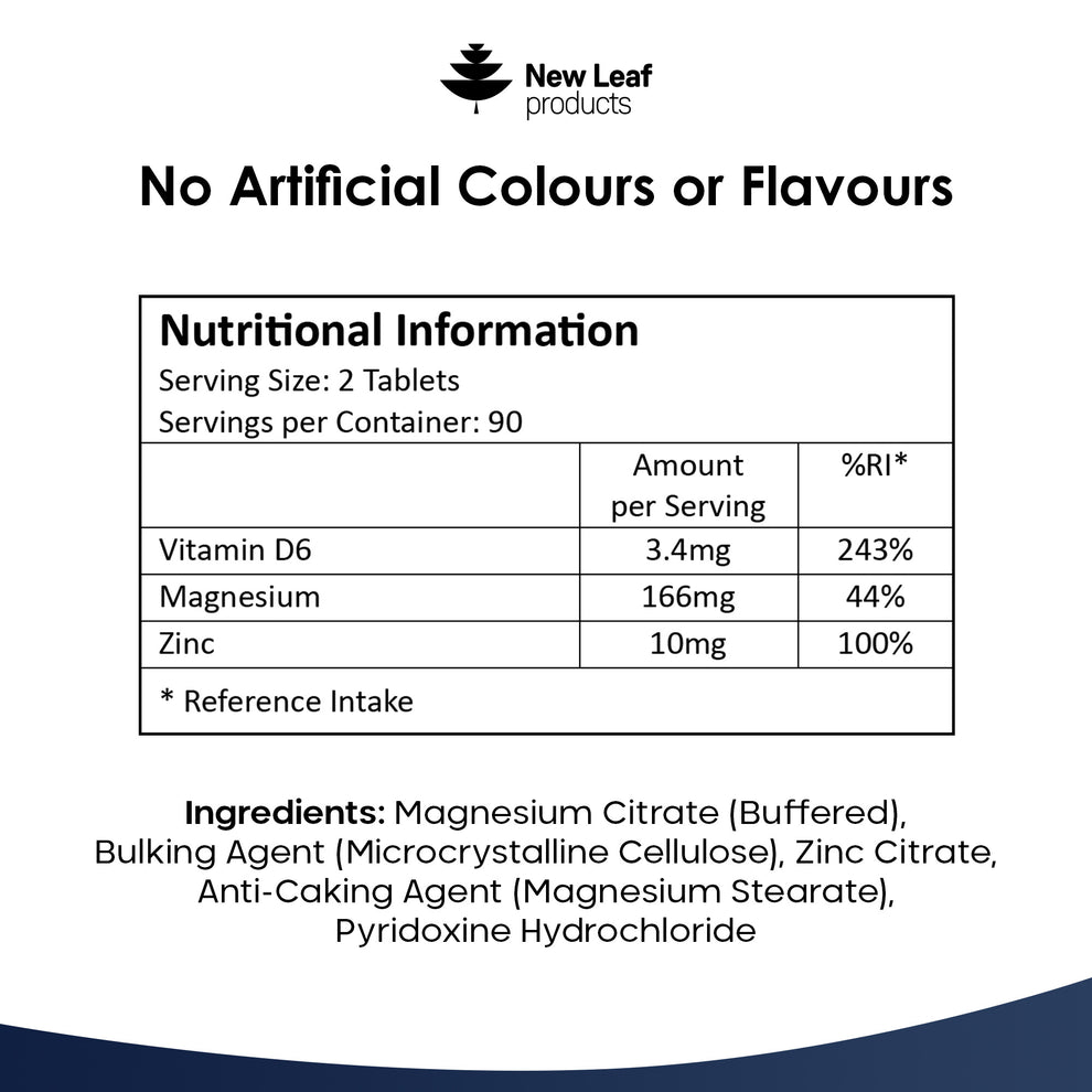 New leaf Zinc Magnésium Vitamine B6 ZMA Comprimés
3 mois de traitement