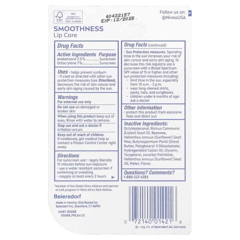 Lip care product label with text and bar code on a white background