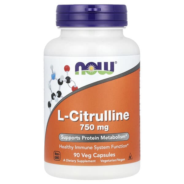 Supplement bottle labeled 'L-Citrulline 750 mg' with NOW brand on a white background