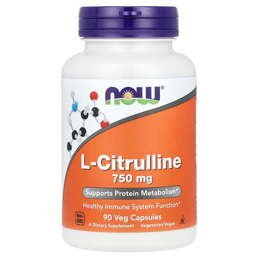 Supplement bottle labeled 'L-Citrulline 750 mg' with NOW brand on a white background