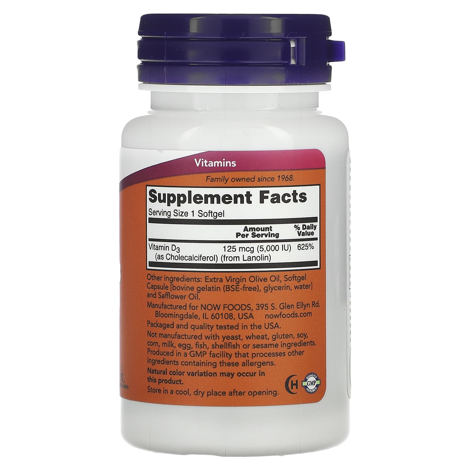Supplement bottle with purple cap and white body displaying 'Supplement Facts' label on a white background
