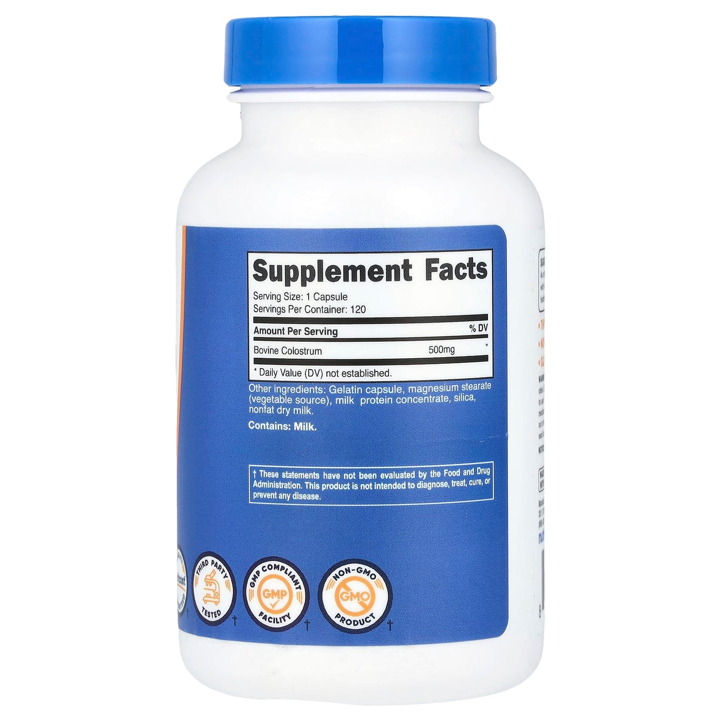 Supplement bottle with blue cap and label on a white background