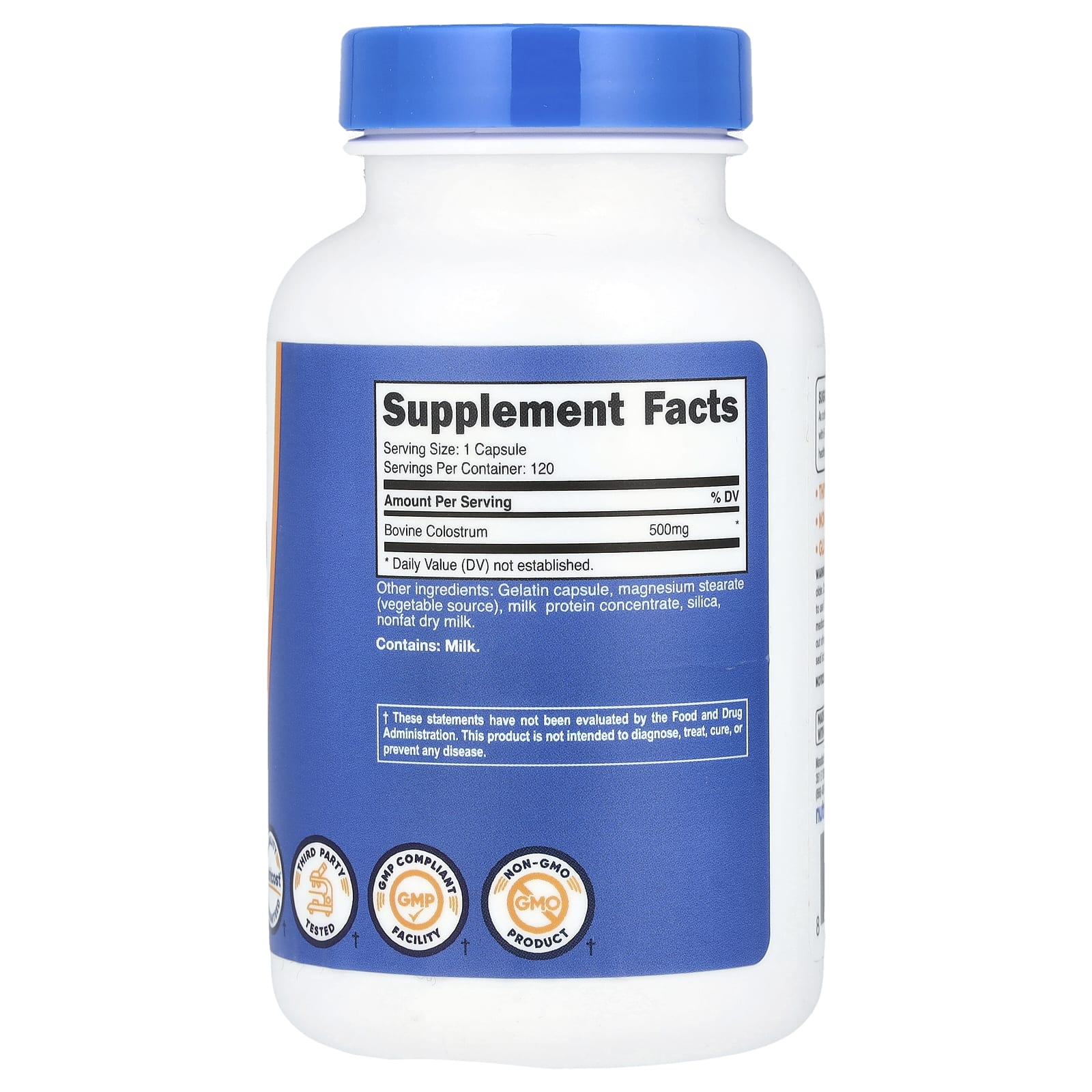 Supplement bottle with blue cap and label on a white background