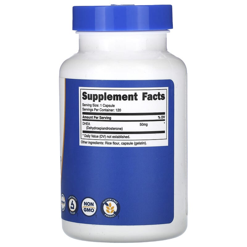 Supplement bottle with blue cap and label on a white background