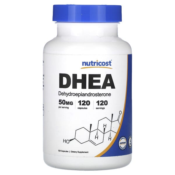 Nutricost DHEA supplement bottle on a white background