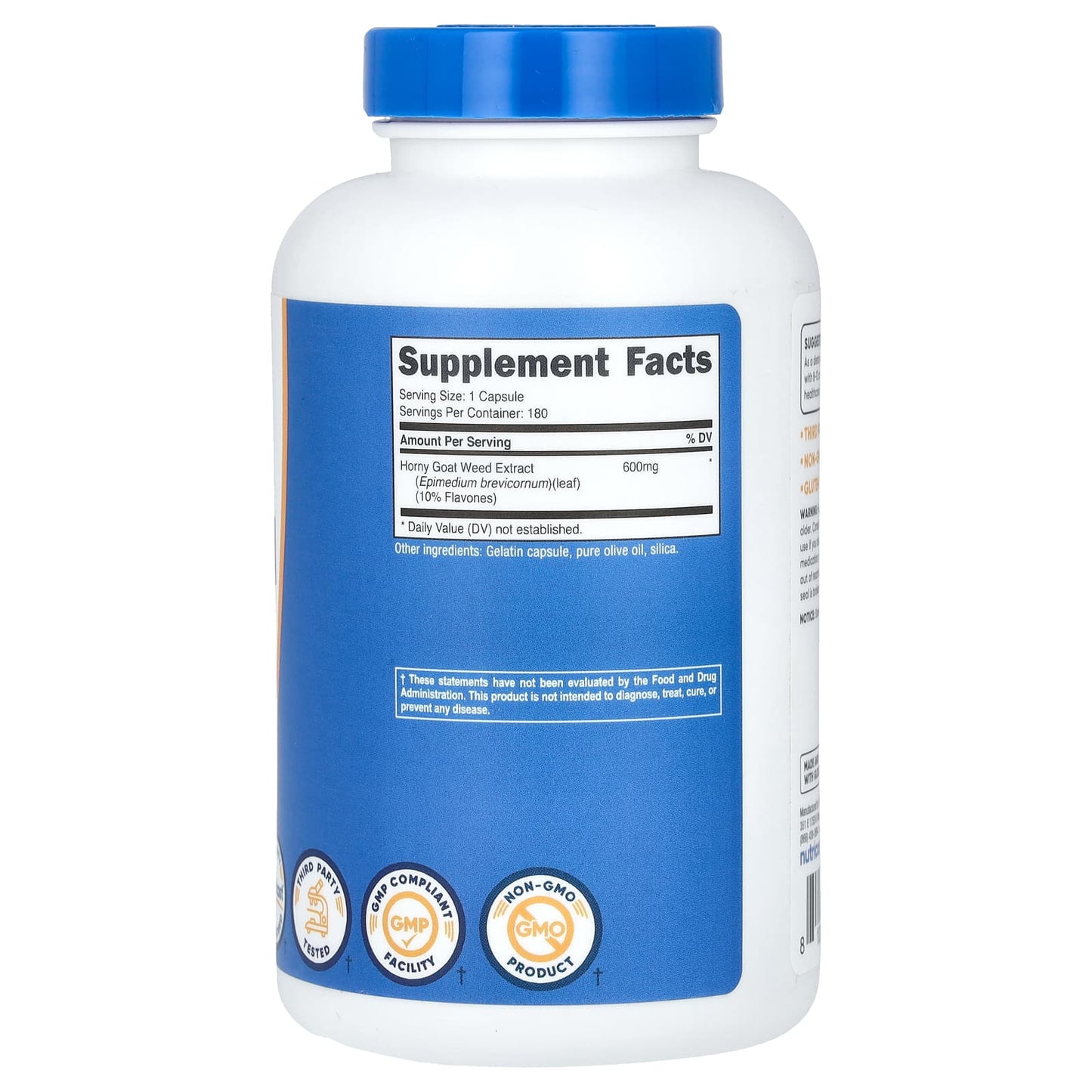 Supplement bottle with blue label on a white background