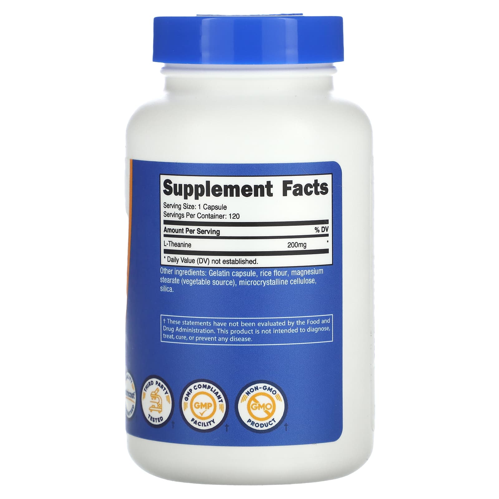 Supplement bottle with blue cap and label on a white background
