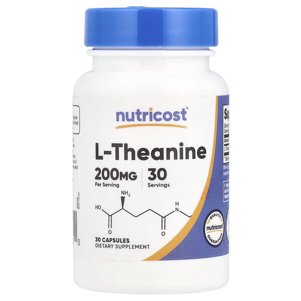 Nutricost L-Theanine 200mg supplement bottle on a white background