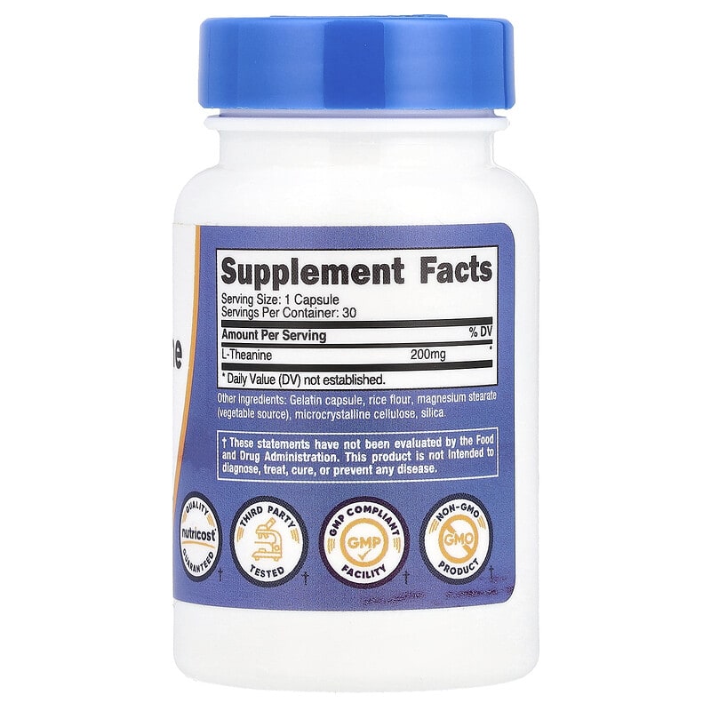Nutricost L-Theanine 200mg supplement bottle on a white background