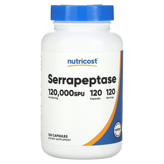 Nutricost Serrapeptase supplement bottle with blue cap on a white background