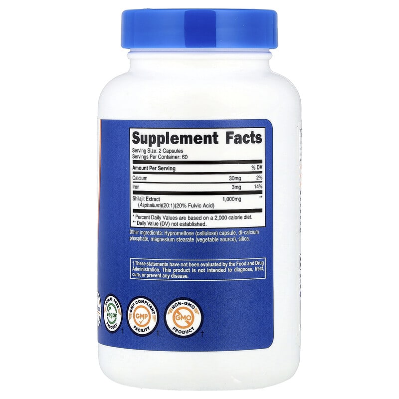 Nutricost Shilajit supplement bottle with blue cap on a white background
