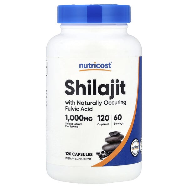 Nutricost Shilajit supplement bottle with blue cap on a white background