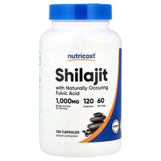 Nutricost Shilajit supplement bottle with blue cap on a white background