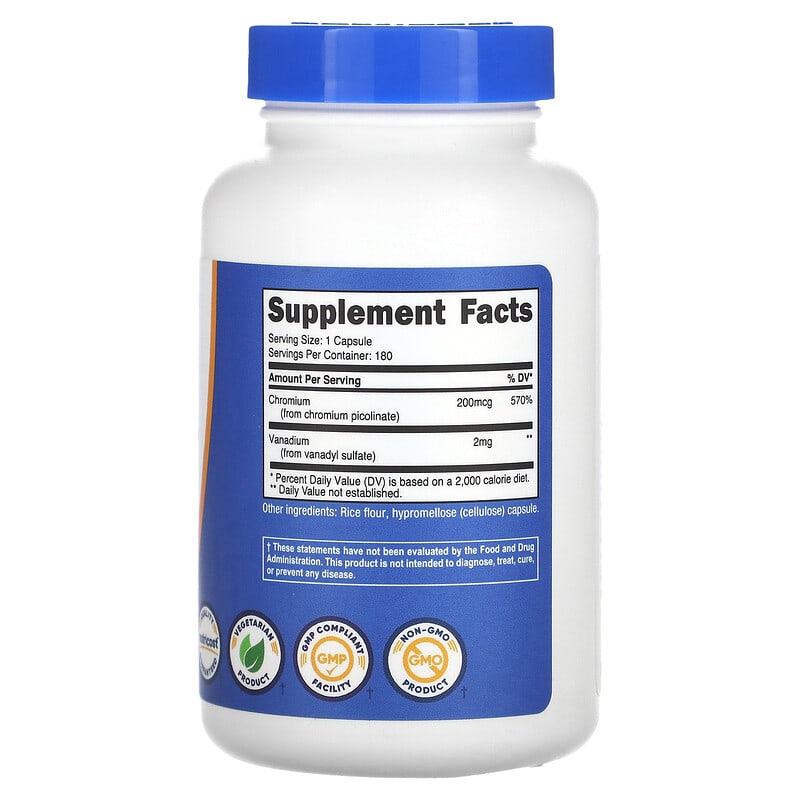 Supplement bottle with blue cap and label on a white background
