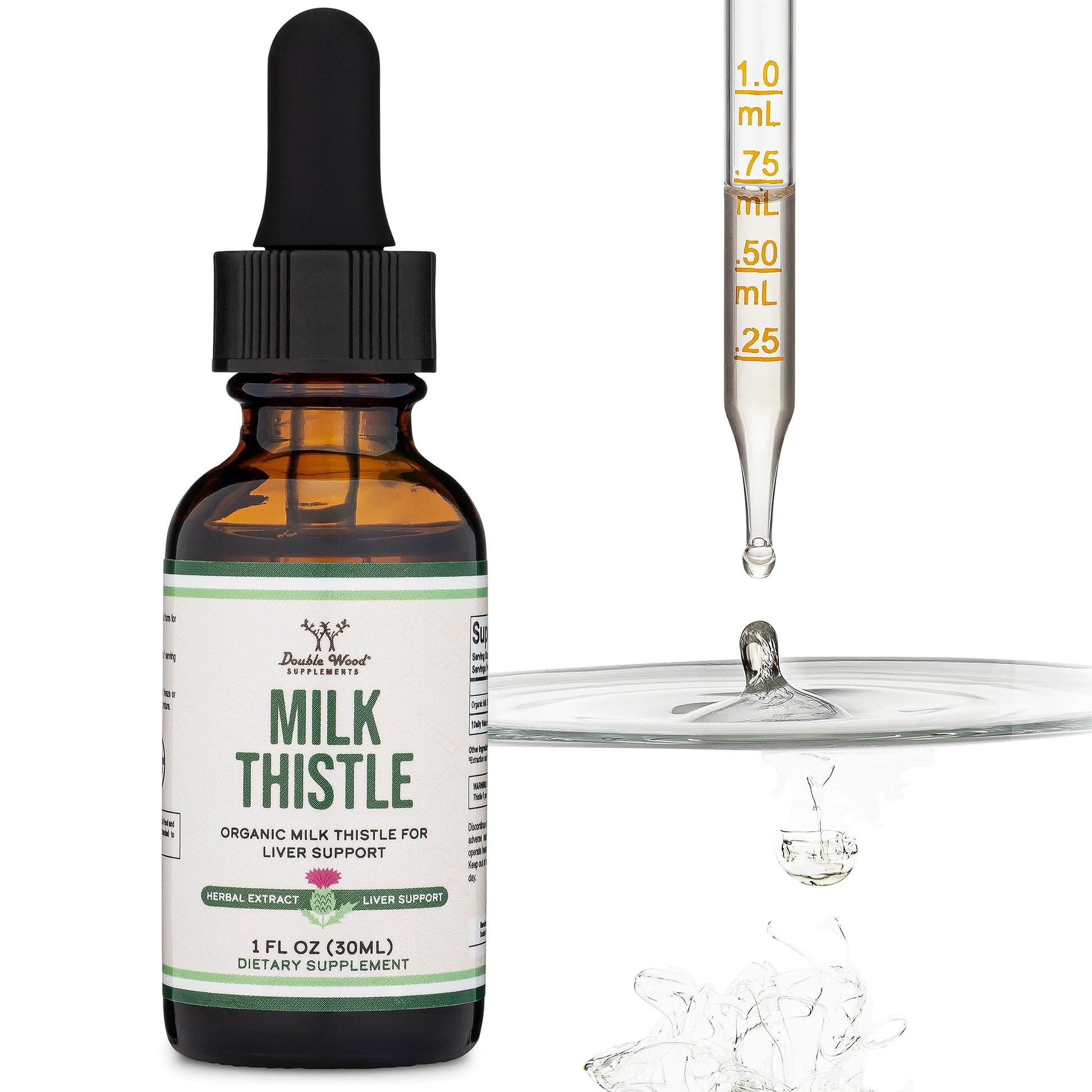 Bottle of Double Wood Milk Thistle supplement with dropper on a white background