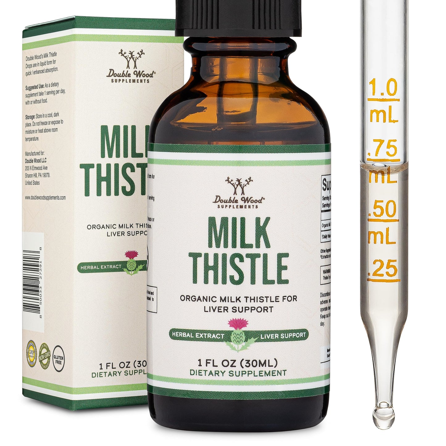 Milk thistle supplement bottle with dropper and packaging on a white background