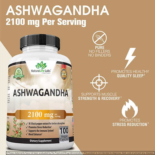 Bottle of Ashwagandha supplement with branding and product details on a brown background