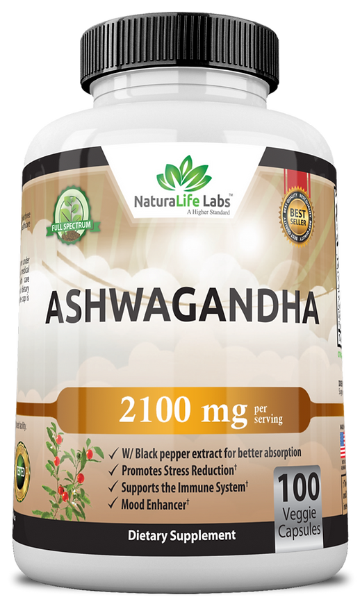 Supplement bottle labeled 'Ashwagandha' with branding and product details on a white background