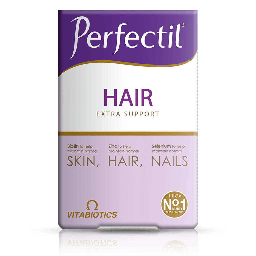 Perfectil Hair Extra Support packaging with Vitabiotics branding on a green background