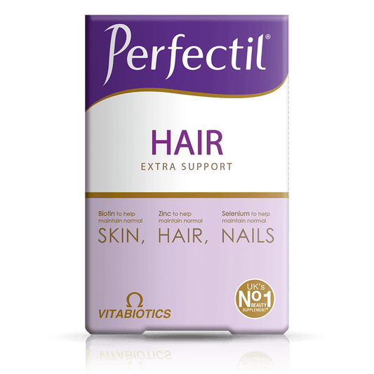 Perfectil Hair Extra Support packaging with Vitabiotics branding on a green background