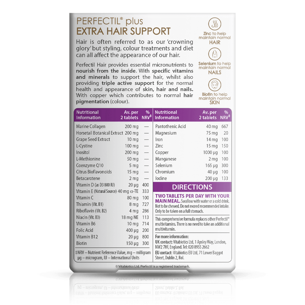 Supplement package for Perfectil Plus Extra Hair Support on a green background