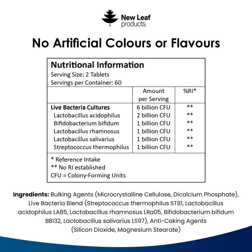 Nutritional information and ingredient list for New Leaf products on a white background
