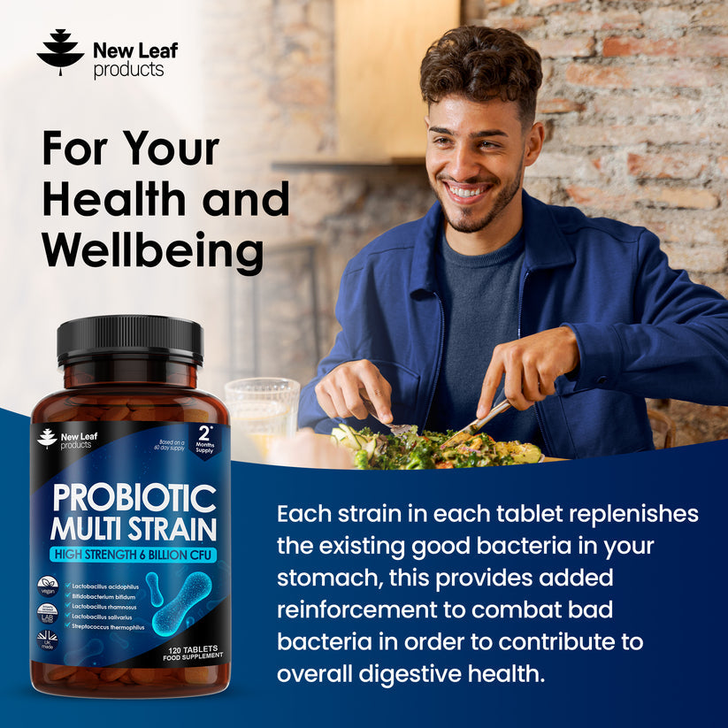 Bottle of New Leaf Probiotic Multi Strain supplement with a person eating salad in the background.