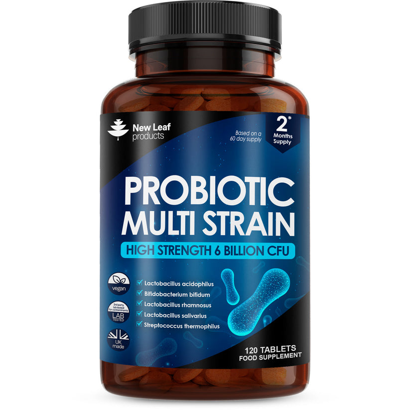 Probiotic supplement bottle with blue label on a white background