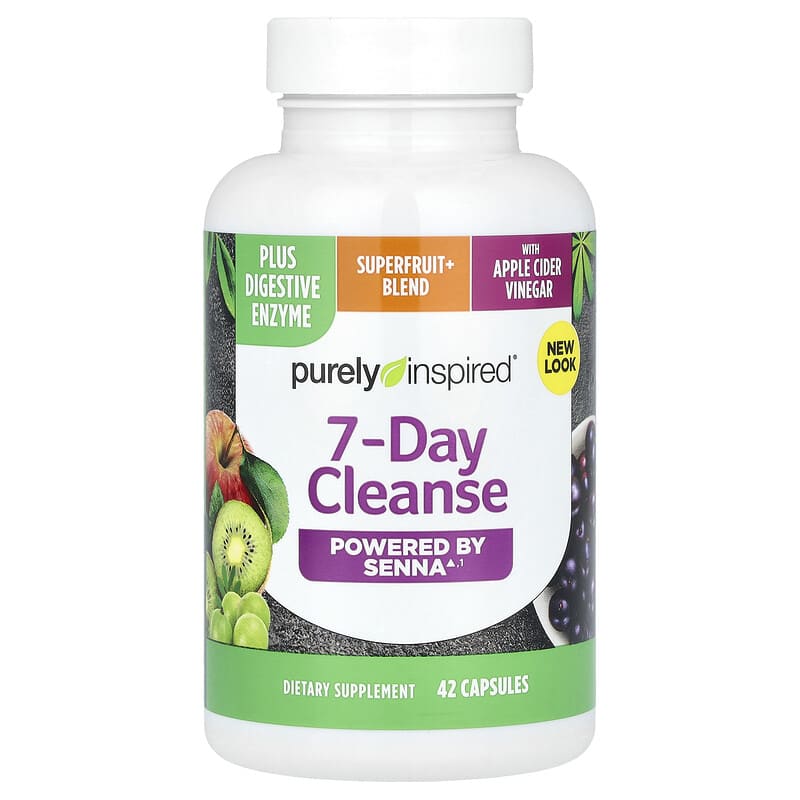Supplement bottle labeled '7-Day Cleanse' by purely inspired on a white background
