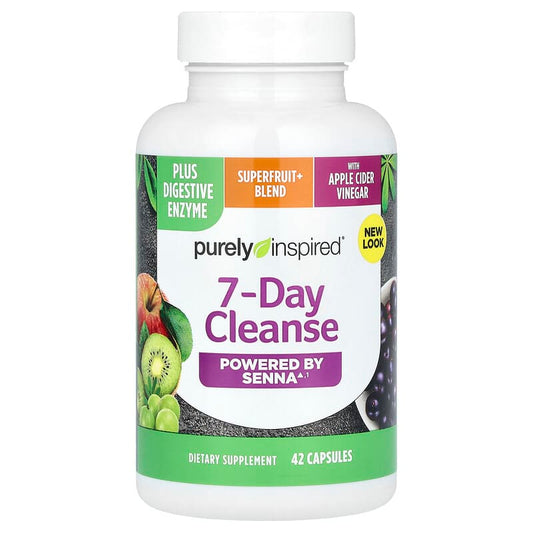 Supplement bottle labeled '7-Day Cleanse' by purely inspired on a white background