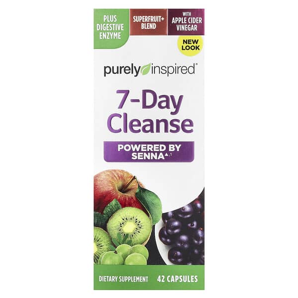 Purely Inspired 7-Day Cleanse supplement package with fruits on a white background
