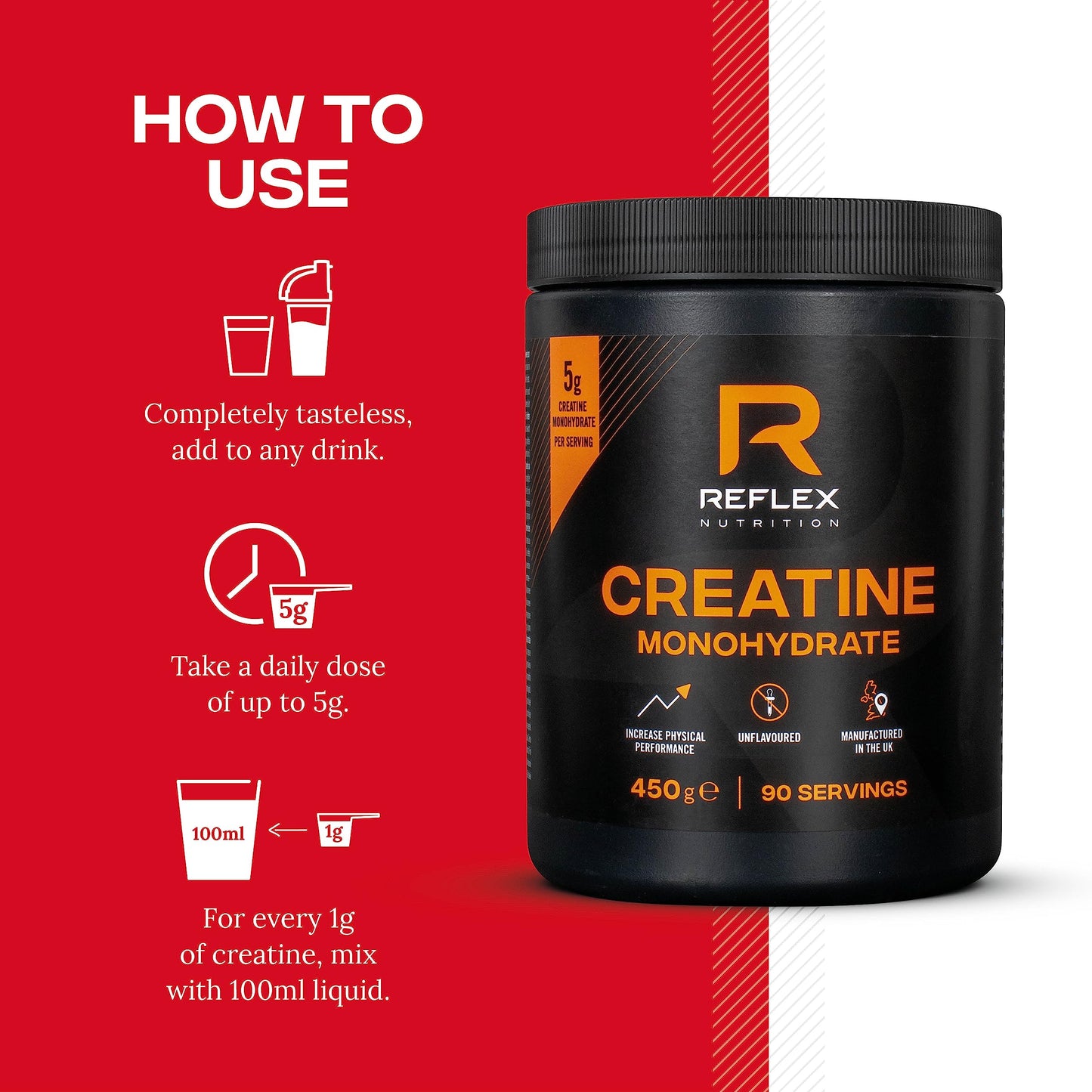 Reflex Nutrition Creatine Monohydrate supplement container with usage instructions on a red background