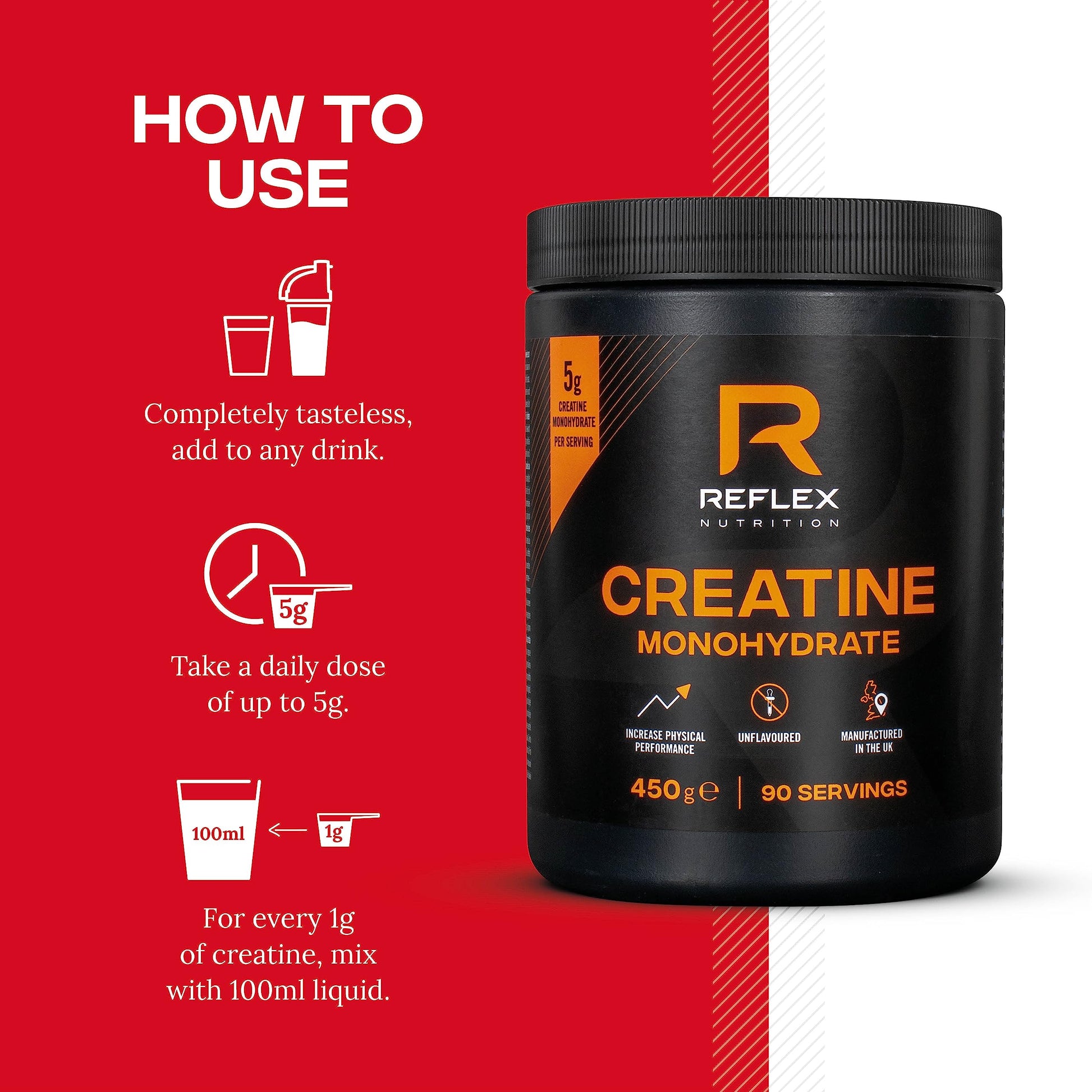 Reflex Nutrition Creatine Monohydrate supplement container with usage instructions on a red background
