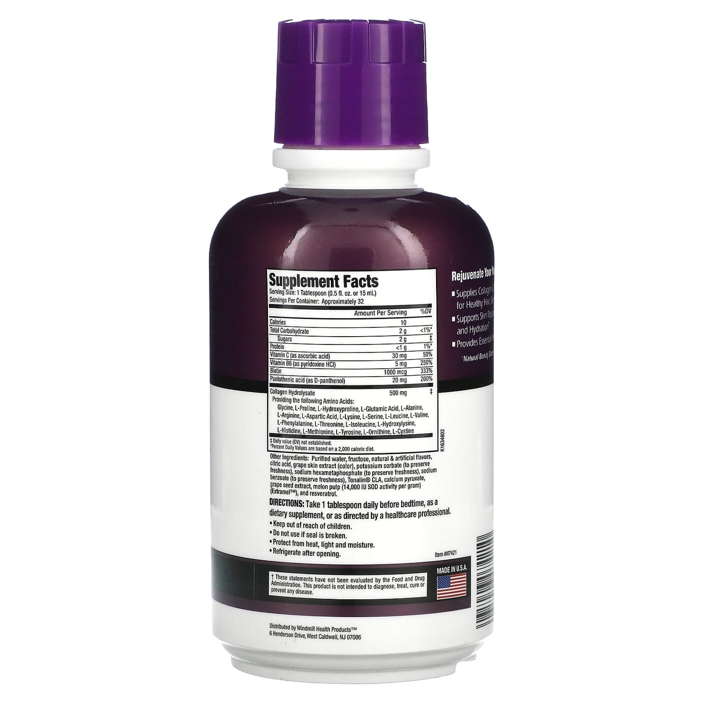 Supplement bottle with purple cap and label on a white background