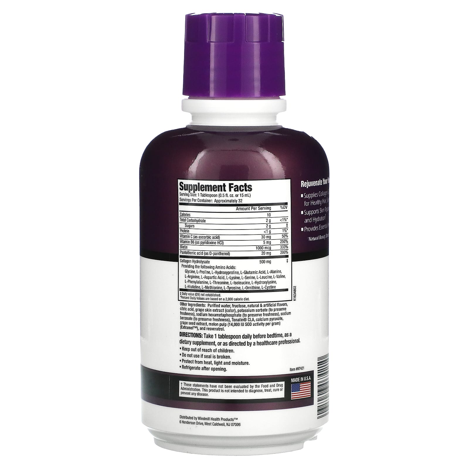 Supplement bottle with purple cap and label on a white background
