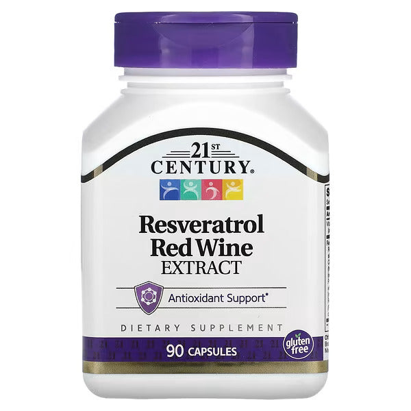 Supplement bottle labeled '21st Century Resveratrol Red Wine Extract' on a white background